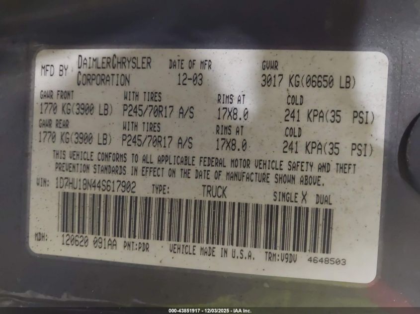 2004 Dodge Ram 1500 Slt/Laramie VIN: 1D7HU18N44S617902 Lot: 43851917