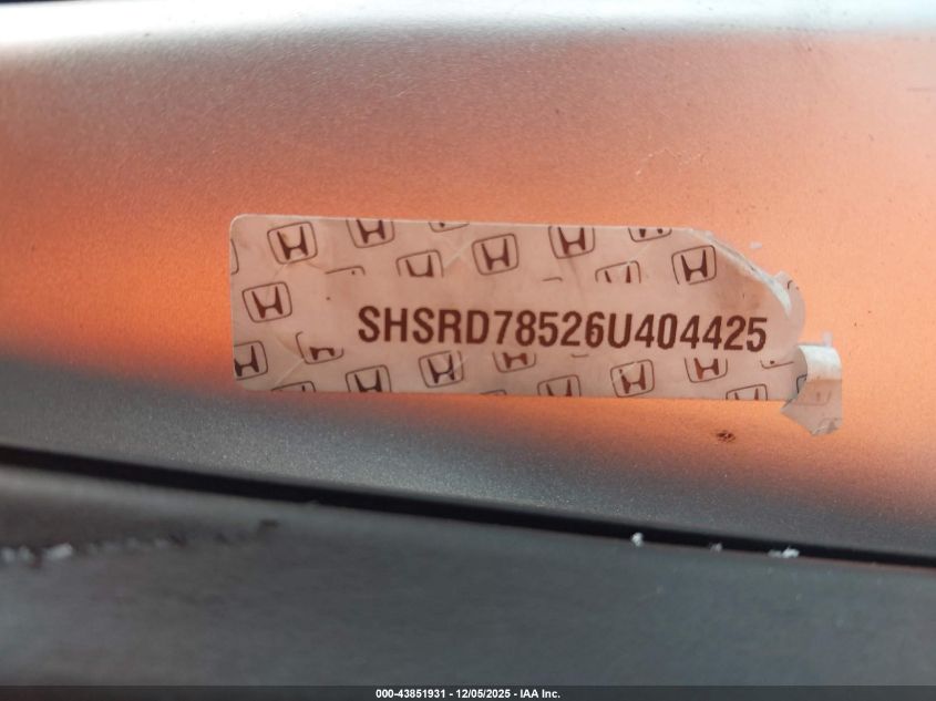 2006 Honda Cr-V Lx VIN: SHSRD78526U404425 Lot: 43851931