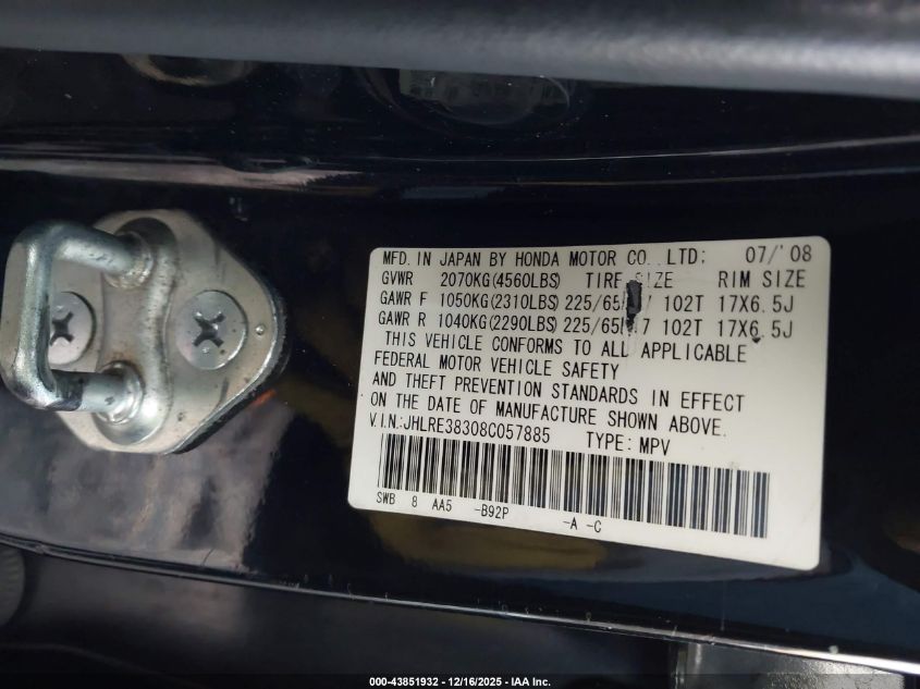 2008 Honda Cr-V Lx VIN: JHLRE38308C057885 Lot: 43851932