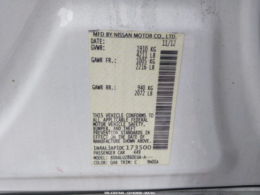 2013 Nissan Altima 2.5 Sv VIN: 1N4AL3AP1DC173500 Lot: 43851948