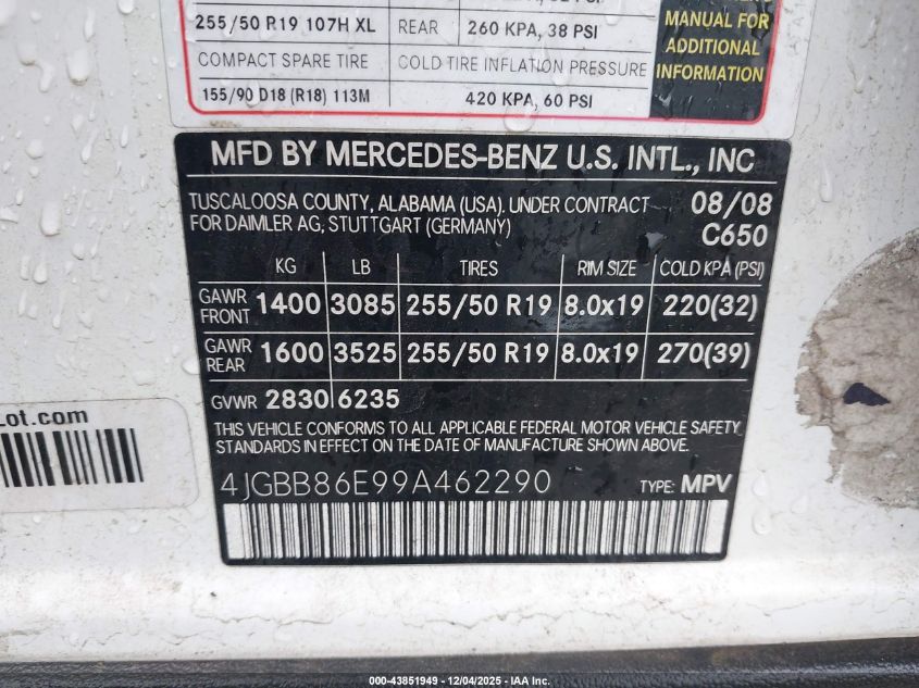 2009 Mercedes-Benz Ml 350 4Matic VIN: 4JGBB86E99A462290 Lot: 43851949