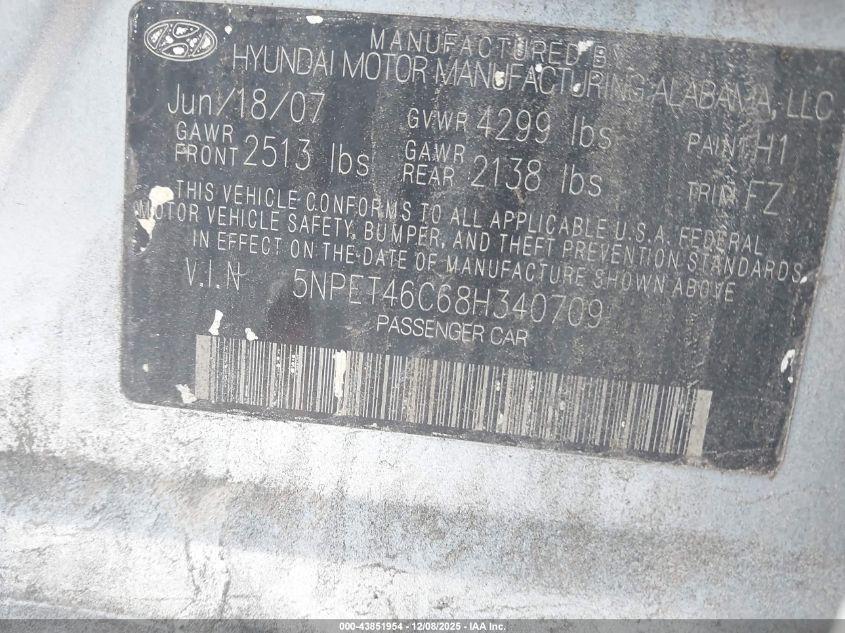 2008 Hyundai Sonata Gls VIN: 5NPET46C68H340709 Lot: 43851954