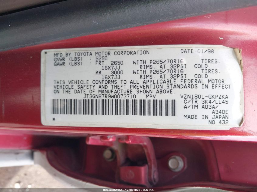 1998 Toyota 4Runner Sr5 V6 Limited VIN: JT3GN87R9W0073710 Lot: 43851955