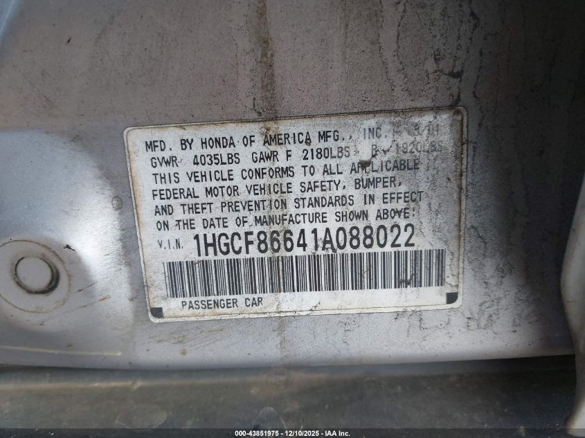 2001 Honda Accord Value Package VIN: 1HGCF86641A088022 Lot: 43851975