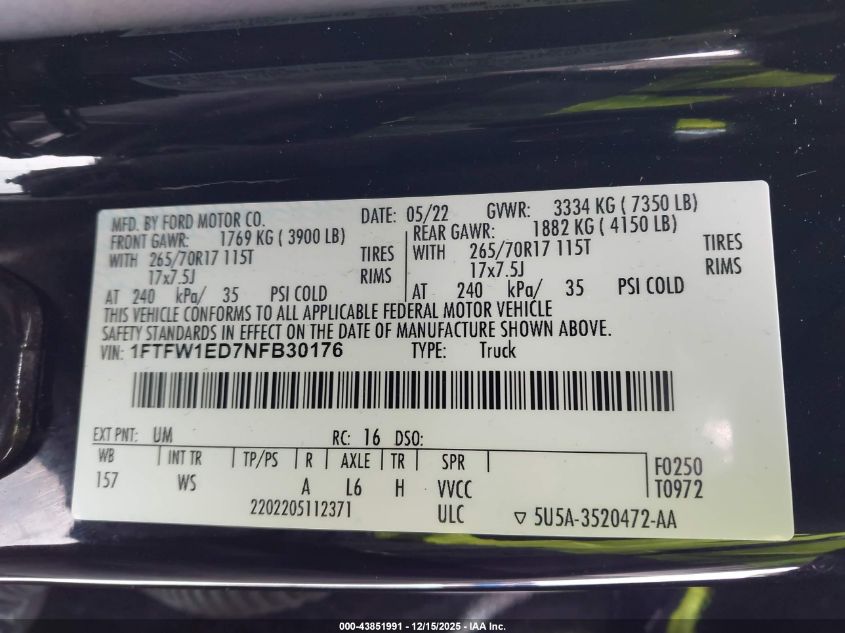 2022 Ford F-150 Xl VIN: 1FTFW1ED7NFB30176 Lot: 43851991