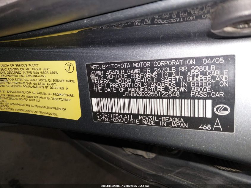 2005 Lexus Es 330 VIN: JTHBA30G255122548 Lot: 43852006