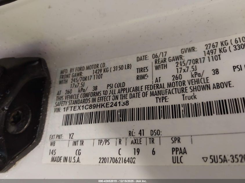 2017 Ford F-150 Xl VIN: 1FTEX1C89HKE24138 Lot: 43852019