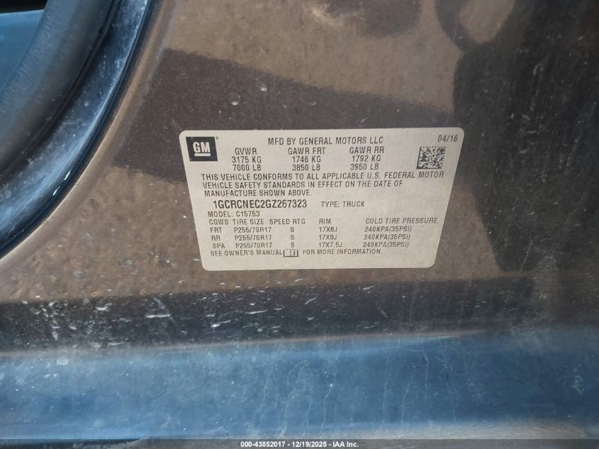 2016 Chevrolet Silverado 1500 Wt VIN: 1GCRCNEC2GZ267323 Lot: 43852017