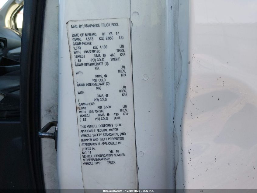 2017 Ford Transit-350 Cutaway VIN: 1FDBF6PV8HKA42522 Lot: 43852021