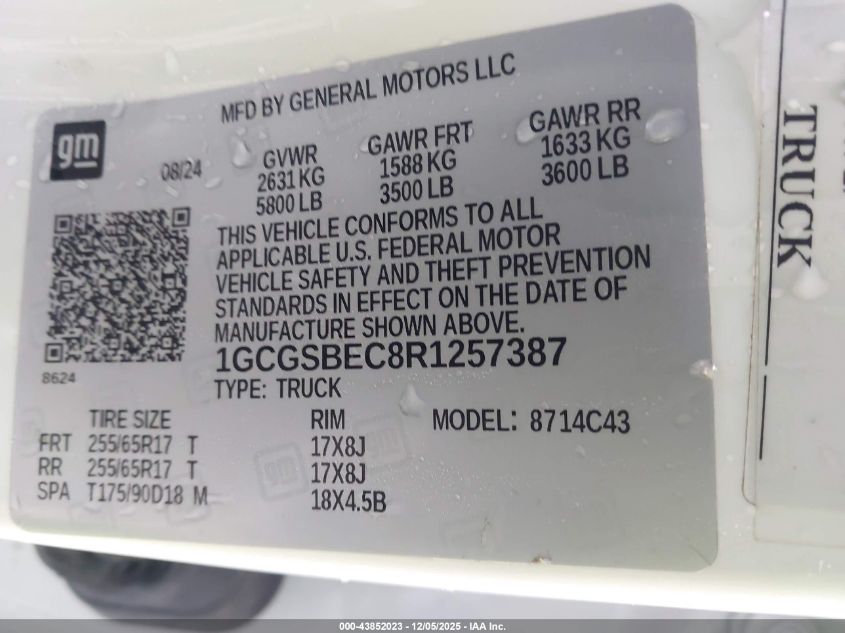 2024 Chevrolet Colorado 2Wd Wt VIN: 1GCGSBEC8R1257387 Lot: 43852023