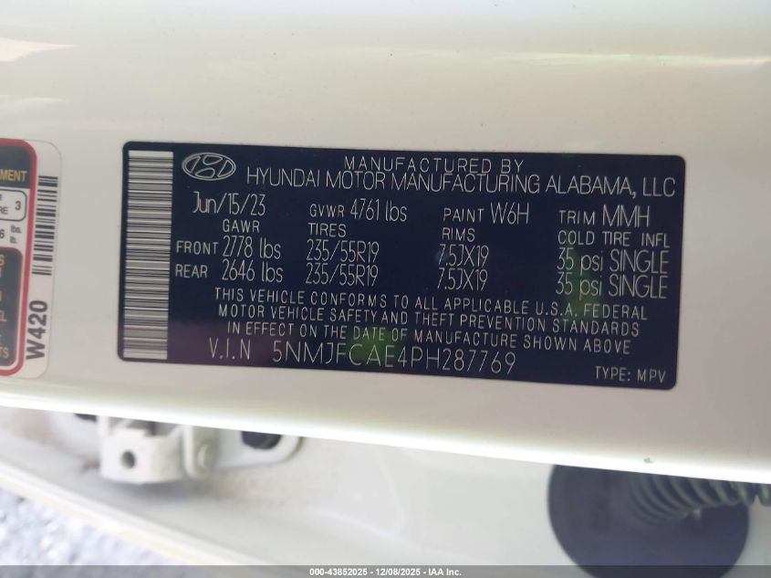 2023 Hyundai Tucson Sel VIN: 5NMJFCAE4PH287769 Lot: 43852025