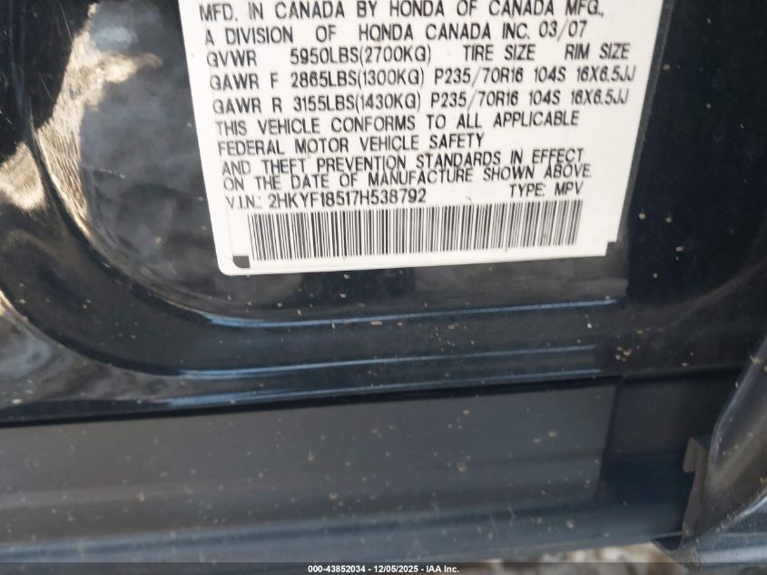 2007 Honda Pilot Ex-L VIN: 2HKYF18517H538792 Lot: 43852034