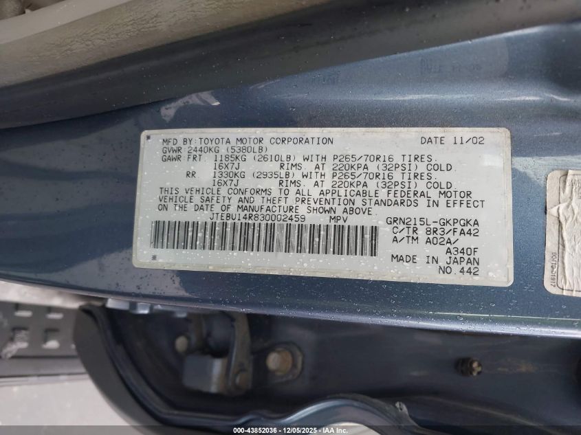 2003 Toyota 4Runner Sr5 V6 VIN: JTEBU14R830002459 Lot: 43852036