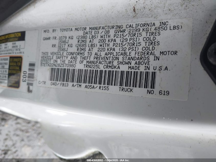 2008 Toyota Tacoma VIN: 5TETX22N28Z570980 Lot: 43852052