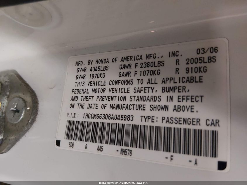 2006 Honda Accord 3.0 Lx VIN: 1HGCM66306A045983 Lot: 43852062