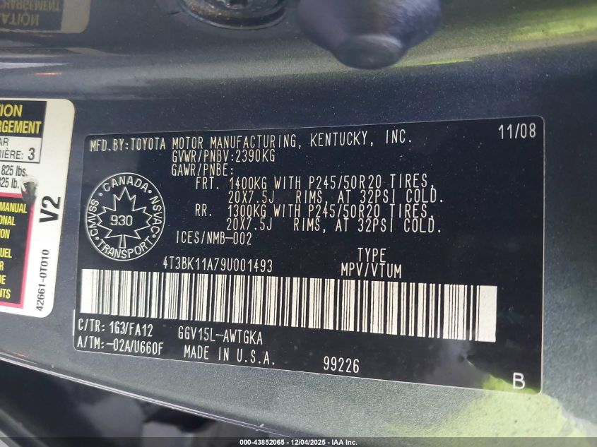 2009 Toyota Venza Base V6 VIN: 4T3BK11A79U001493 Lot: 43852065