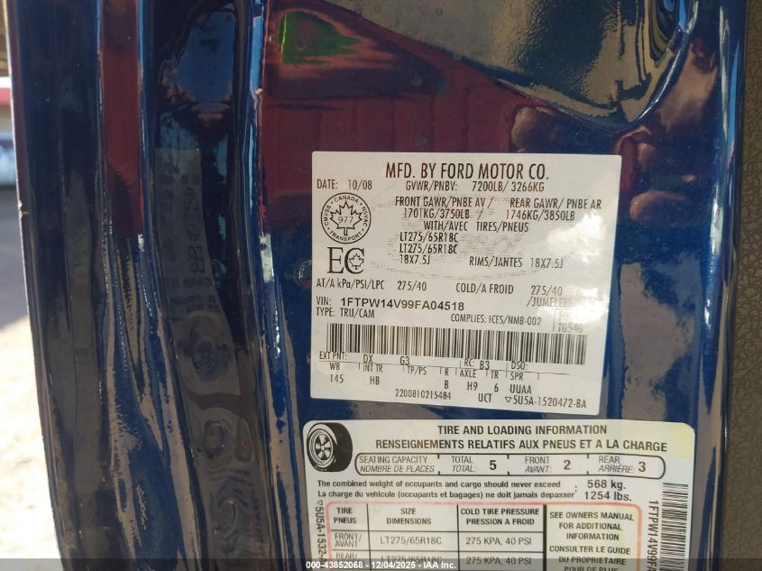 2009 Ford F-150 Fx4/King Ranch/Lariat/Platinum/Xl/Xlt VIN: 1FTPW14V99FA04518 Lot: 43852068