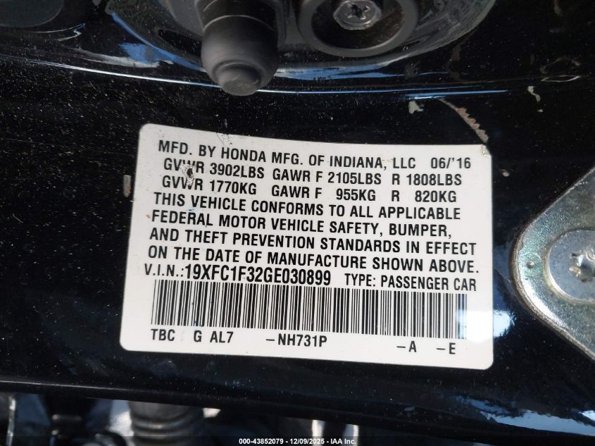 2016 Honda Civic Ex-T VIN: 19XFC1F32GE030899 Lot: 43852079