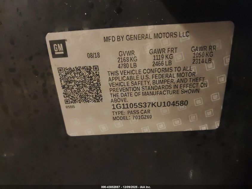 2019 Chevrolet Impala Premier VIN: 1G1105S37KU104580 Lot: 43852087