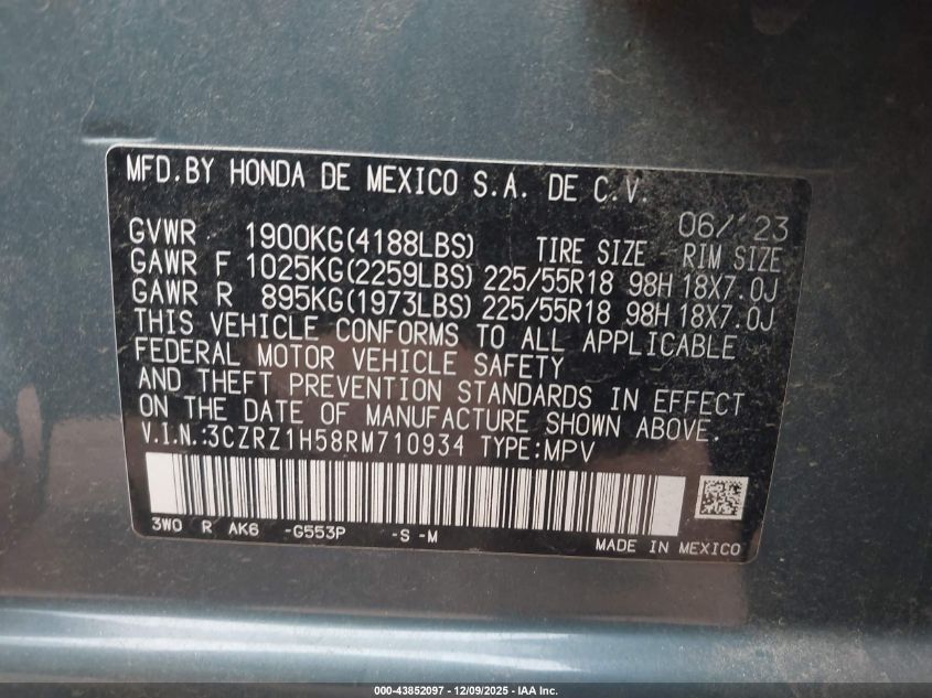 2024 Honda Hr-V 2Wd Sport/2Wd Sport W/O Bsi VIN: 3CZRZ1H58RM710934 Lot: 43852097