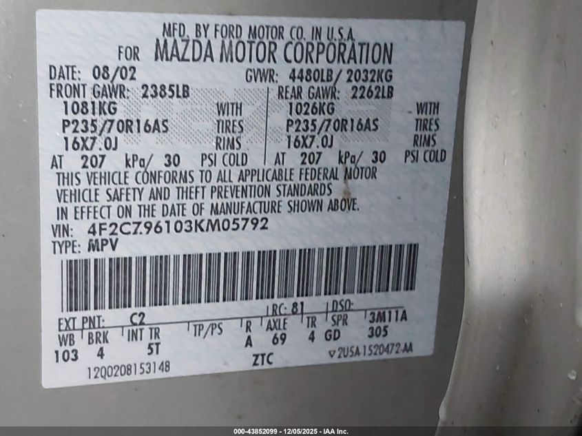 2003 Mazda Tribute Es V6 VIN: 4F2CZ96103KM05792 Lot: 43852099