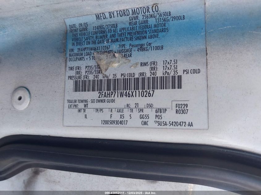 2006 Ford Crown Victoria Police/Police Interceptor VIN: 2FAHP71W46X110267 Lot: 43852111