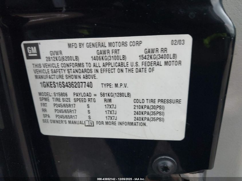 2003 GMC Envoy Xl Sle VIN: 1GKES16S436207740 Lot: 43852142