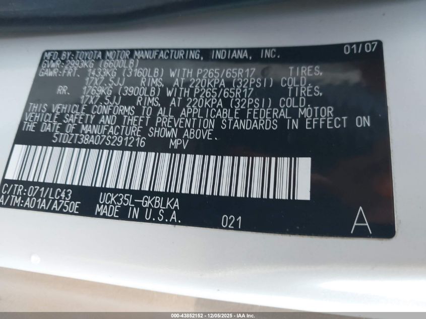 2007 Toyota Sequoia Limited V8 VIN: 5TDZT38A07S291216 Lot: 43852152