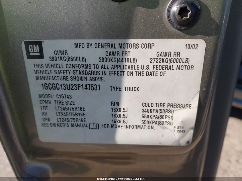 2003 Chevrolet Silverado 1500Hd Lt VIN: 1GCGC13U23F147531 Lot: 43852160
