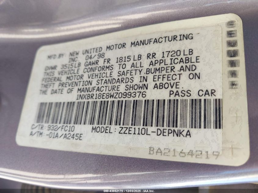 1998 Toyota Corolla Le VIN: 1NXBR18E8WZ099376 Lot: 43852175