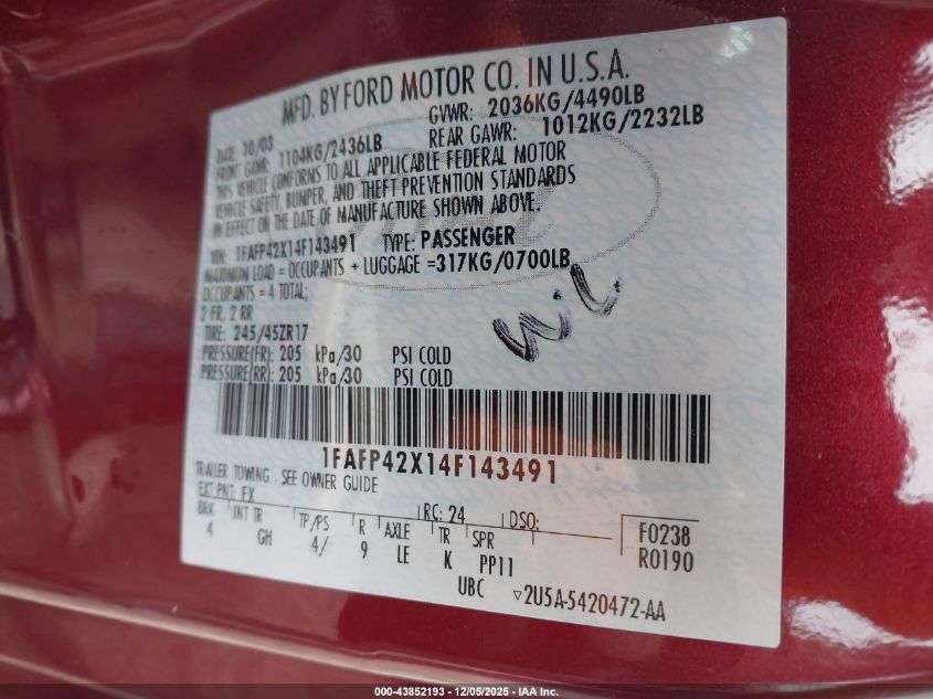 2004 Ford Mustang Gt VIN: 1FAFP42X14F143491 Lot: 43852193