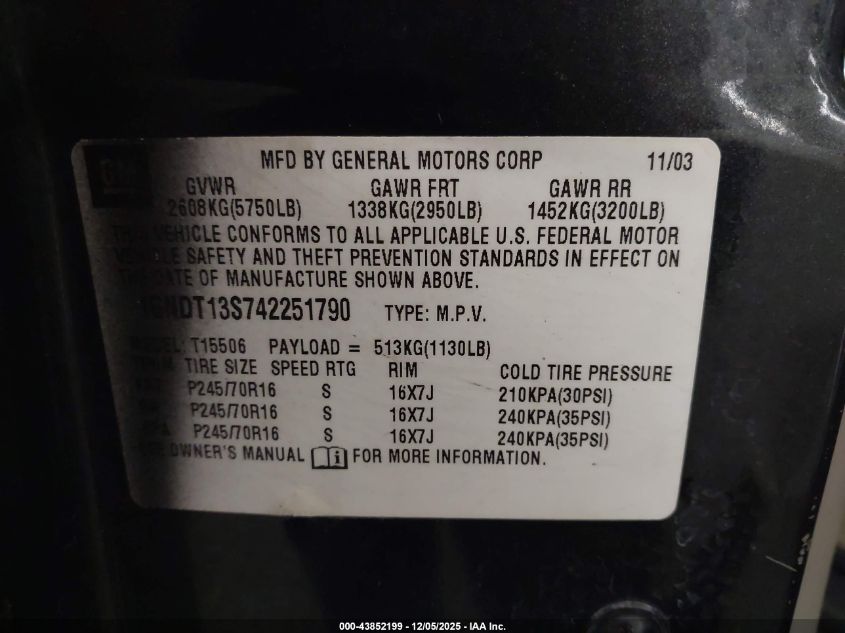 2004 Chevrolet Trailblazer Ls VIN: 1GNDT13S742251790 Lot: 43852199