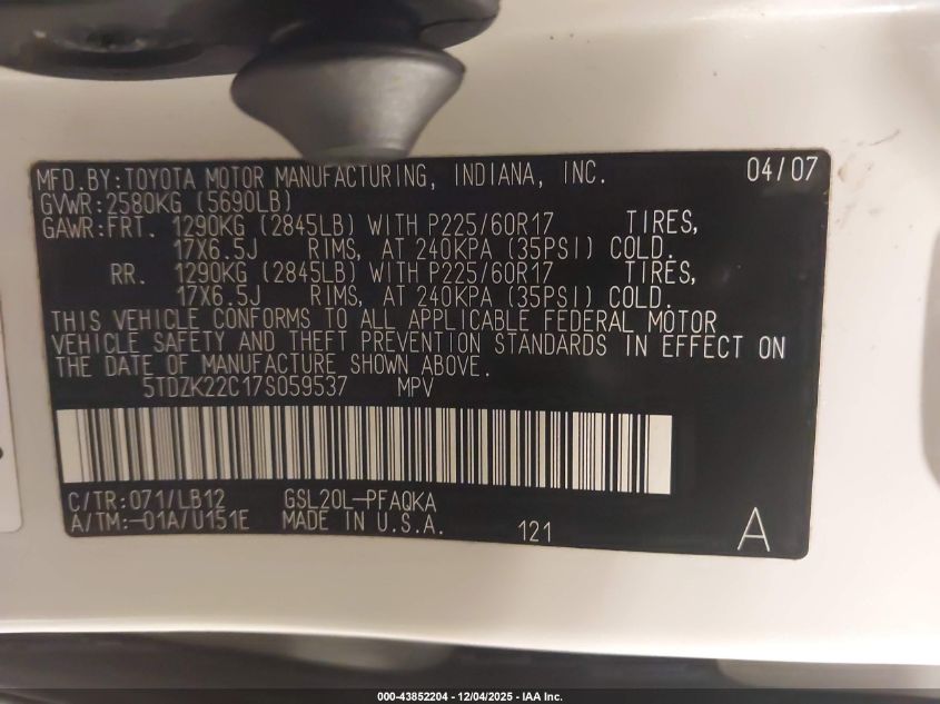 2007 Toyota Sienna Xle VIN: 5TDZK22C17S059537 Lot: 43852204
