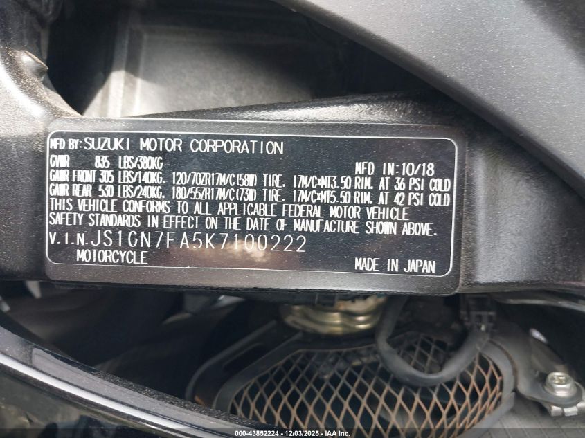 2019 Suzuki Gsx-R600 VIN: JS1GN7FA5K7100222 Lot: 43852224