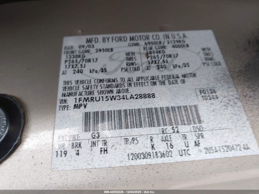 2004 Ford Expedition Xlt VIN: 1FMRU15W34LA28888 Lot: 43852228