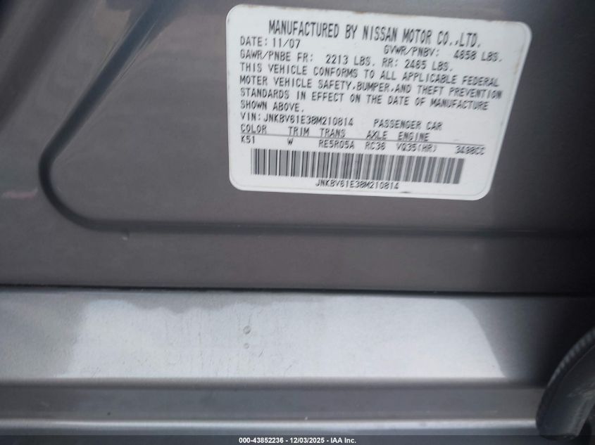 2008 Infiniti G35 Journey VIN: JNKBV61E38M210814 Lot: 43852236