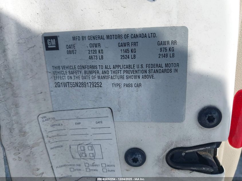 2008 Chevrolet Impala Lt VIN: 2G1WT55N289179252 Lot: 43852254