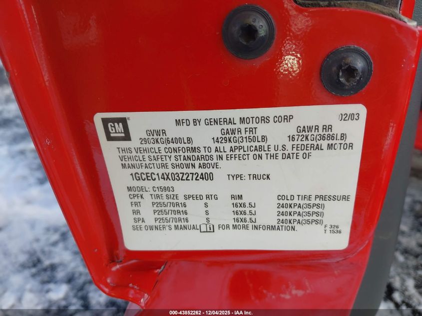 2003 Chevrolet Silverado 1500 Work Truck VIN: 1GCEC14X03Z272400 Lot: 43852262