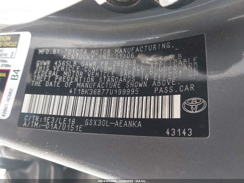 2007 Toyota Avalon Touring VIN: 4T1BK36B77U199995 Lot: 43852265