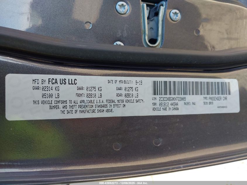 2019 Dodge Charger Sxt Rwd VIN: 2C3CDXBG0KH722009 Lot: 43852273