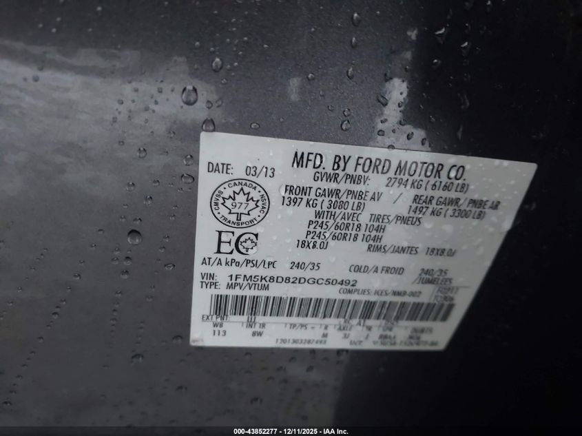 2013 Ford Explorer Xlt VIN: 1FM5K8D82DGC50492 Lot: 43852277