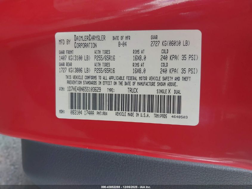 2005 Dodge Dakota Slt VIN: 1D7HE48N65S103629 Lot: 43852288