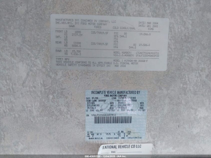 2004 Ford F550 Super Duty Stripped Chass VIN: 1F6LF53S040A03933 Lot: 43852290