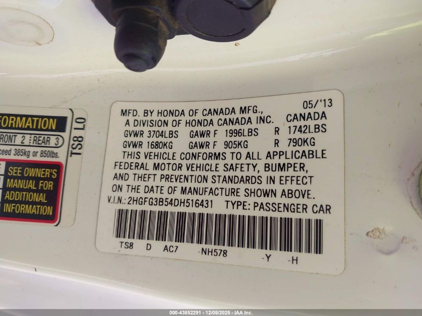 2013 Honda Civic Lx VIN: 2HGFG3B54DH516431 Lot: 43852291