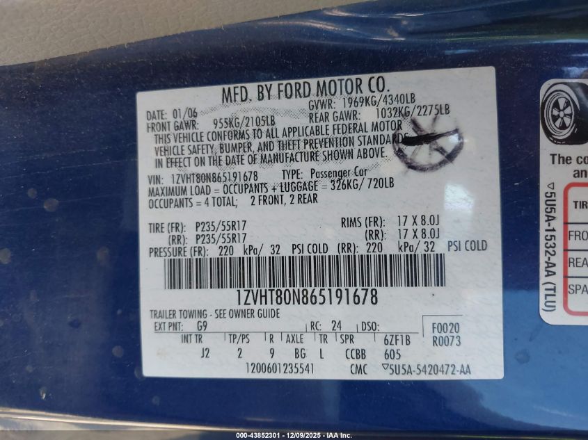 2006 Ford Mustang V6 VIN: 1ZVHT80N865191678 Lot: 43852301