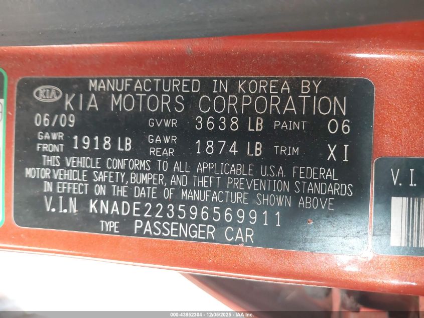2009 Kia Rio Lx VIN: KNADE223596569911 Lot: 43852304