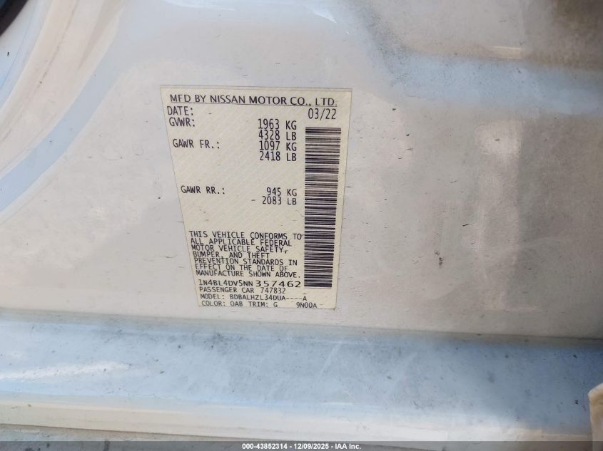 2022 Nissan Altima Sv Fwd VIN: 1N4BL4DV5NN357462 Lot: 43852314