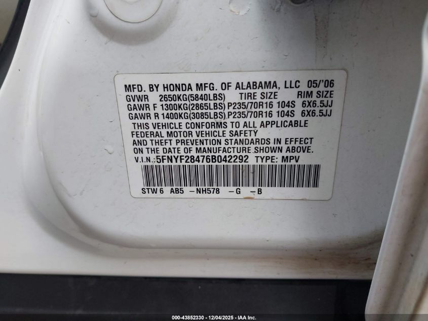 2006 Honda Pilot Ex VIN: 5FNYF28476B042292 Lot: 43852330