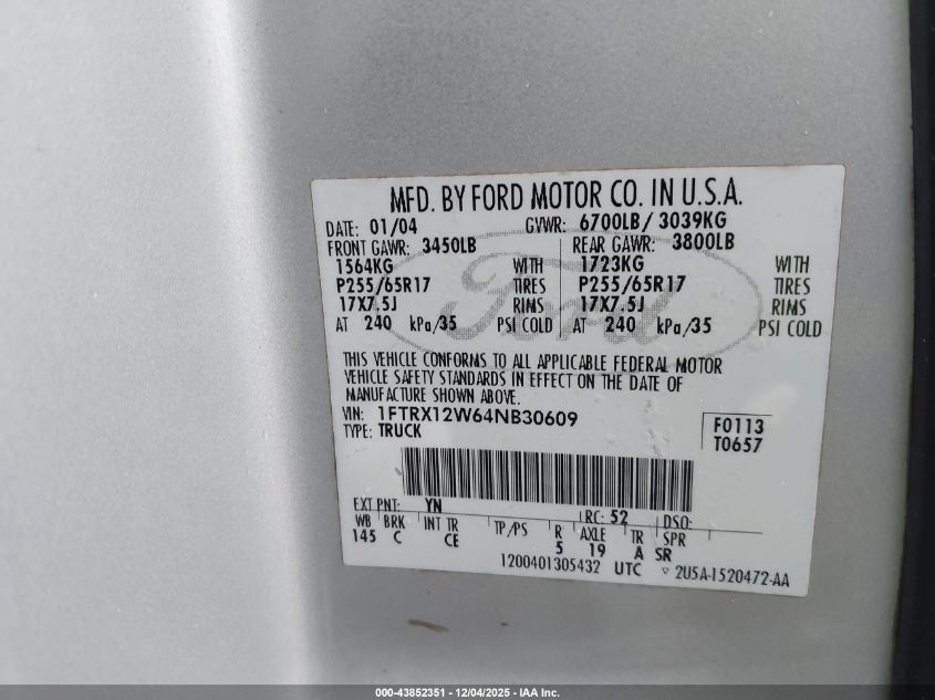 2004 Ford F-150 Stx/Xl/Xlt VIN: 1FTRX12W64NB30609 Lot: 43852351