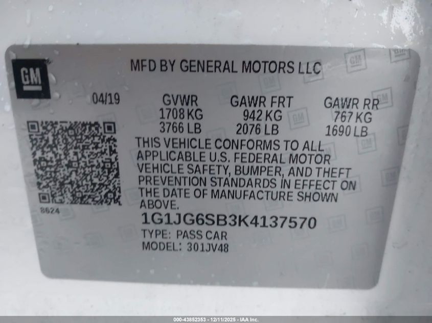 2019 Chevrolet Sonic Lt Auto VIN: 1G1JG6SB3K4137570 Lot: 43852353